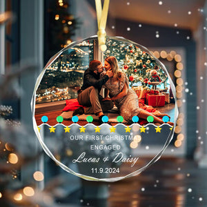 Custom Photo First Christmas Engaged Couple Glass Circle Ornament HO82 893088