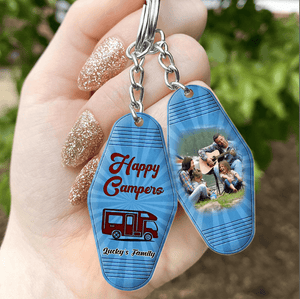 GeckoCustom Happy Camper Retro Vintage Camping Keychain Upload Image HN590