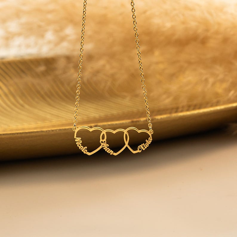 Family Name Necklace with Heart, Multiple Hearts Necklace, Kids Names Jewelry for Mom TH10 169157