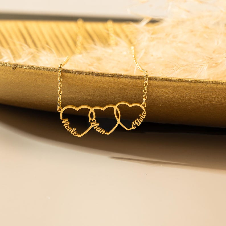 Family Name Necklace with Heart, Multiple Hearts Necklace, Kids Names Jewelry for Mom TH10 169157