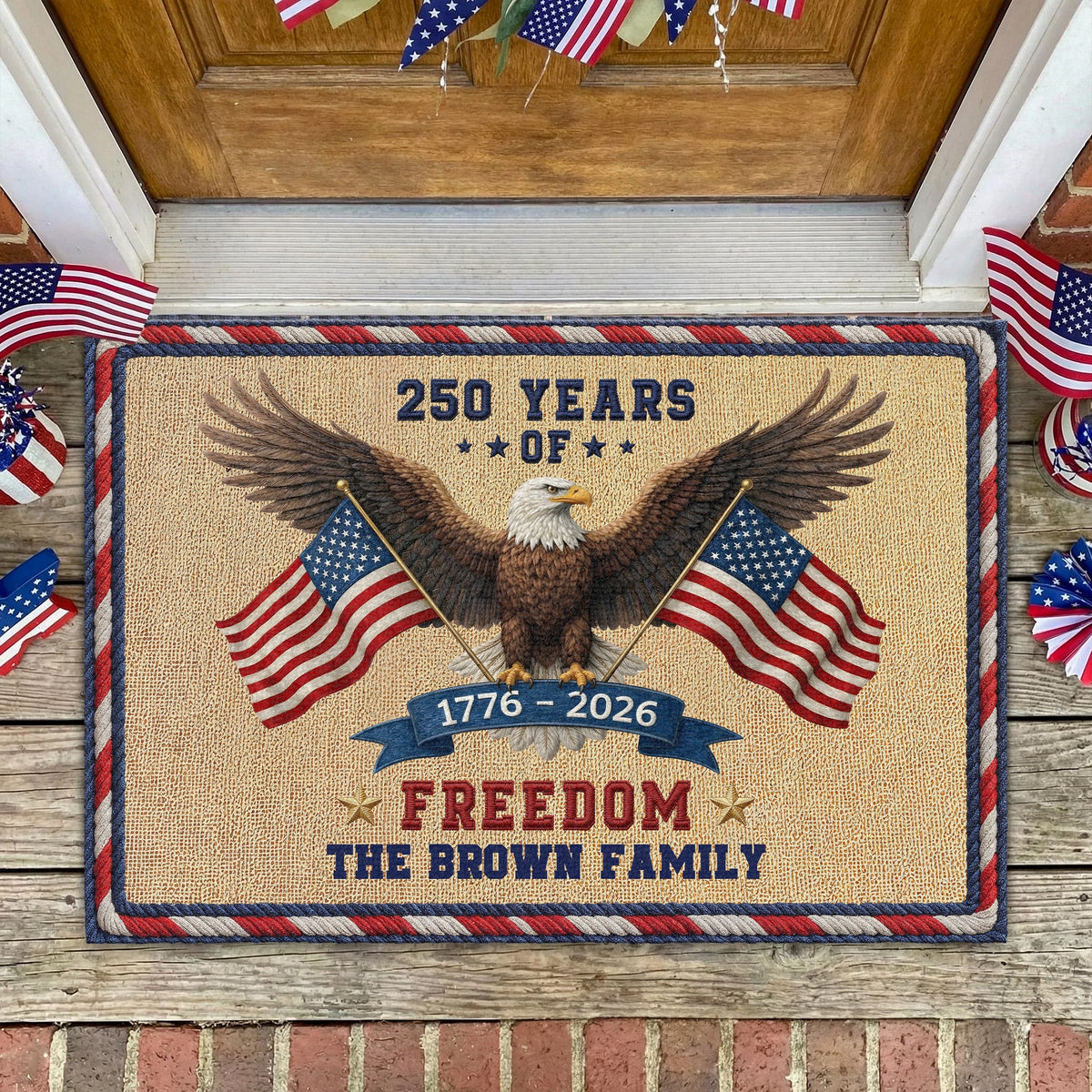 Personalized Family Name 250 Years Of Freedom USA Patriotic Faux Pattern Doormat - 2D Printed Not Embroidered Patriotic America Decor HO82 901580