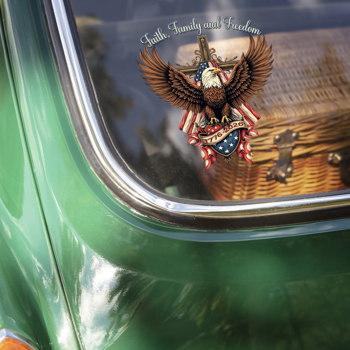 Faith, Family & Freedom Bald Eagle With US Flag And Cross Car Window Decal Sticker LM32 897331