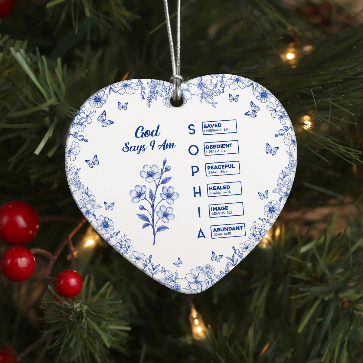 God Says I Am Name Letter In Bible Toile De Jouy Style - Personalized Heart Ceramic Ornament CH07 896966