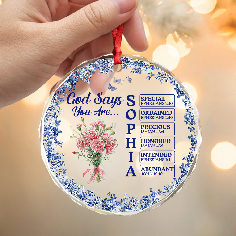 Personalized Name Letter God Says I Am Flower Toile De Jouy Style Glass Ornament LM32 895363