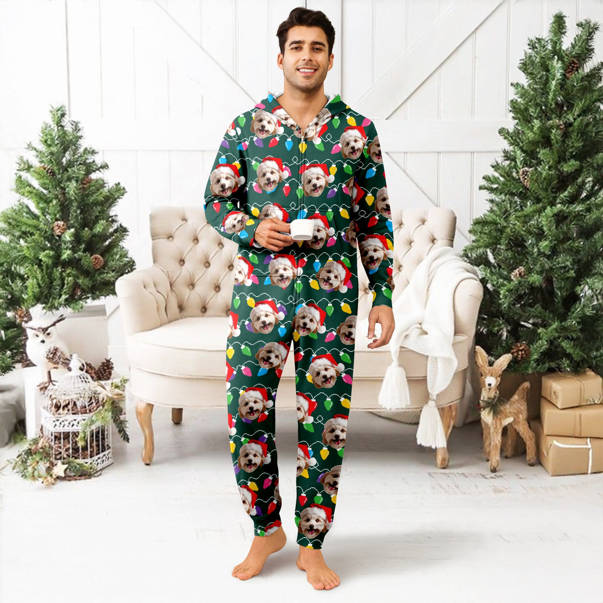 Custom Dog Face Photo With Colorful Christmas Lights Onesie Pajamas HO82 900200