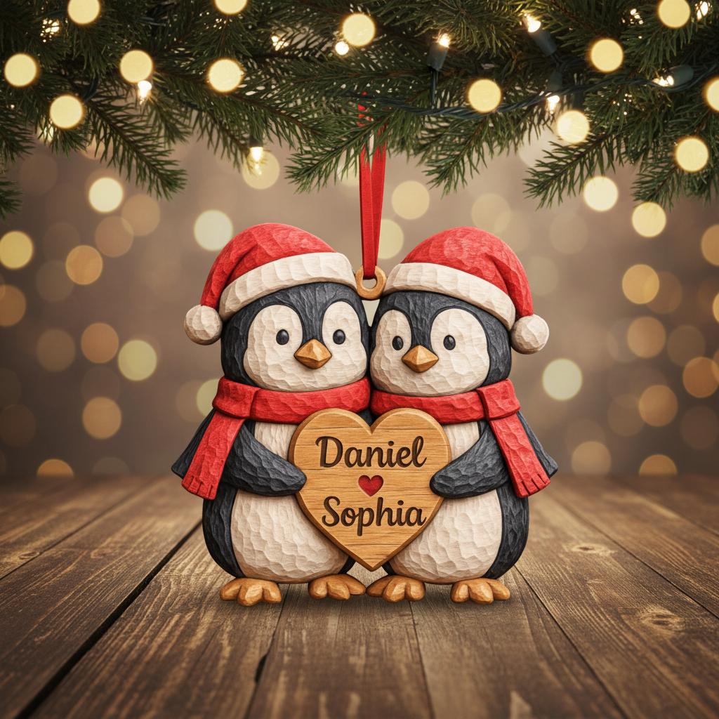 Personalized Penguin Couple First Christmas 2 Layers Wooden Ornament LM32 897519