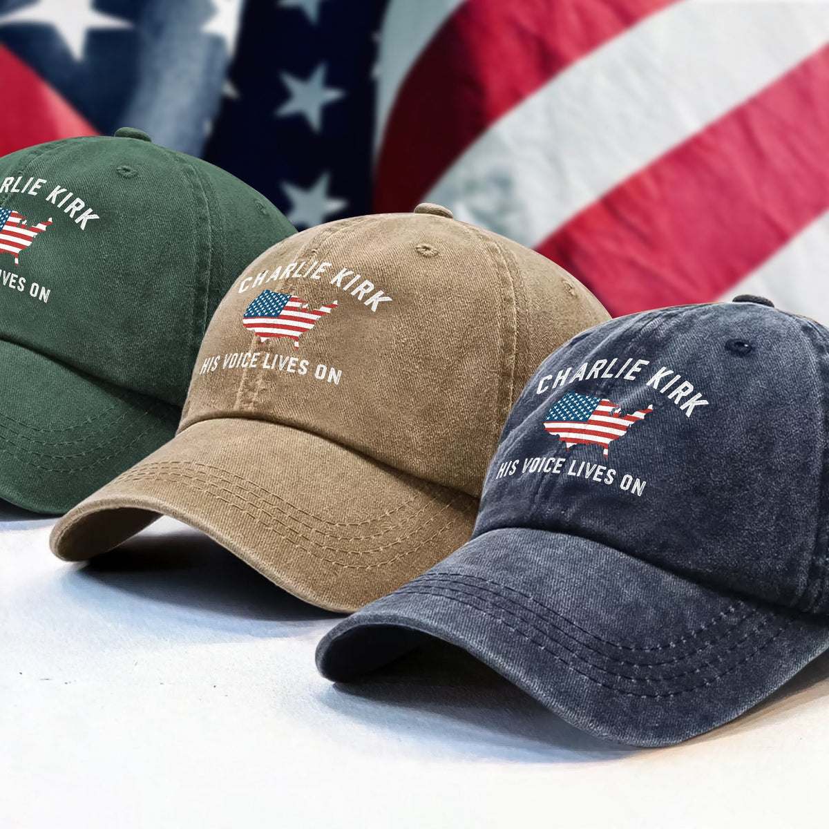 Charlie Kirk - His Voice Lives On Washed Denim Baseball Cap LM32 65459