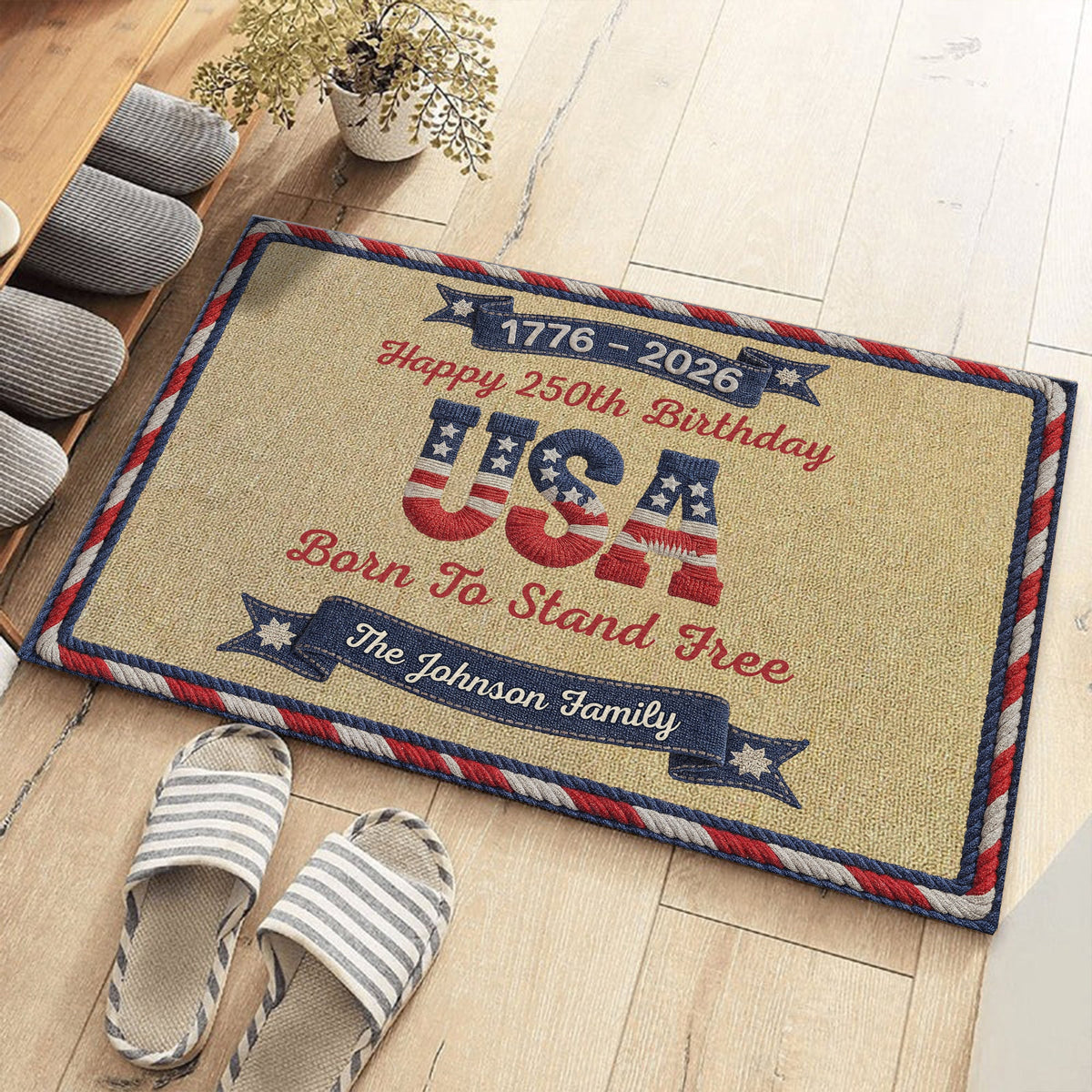Personalized USA 250th Birthday Faux Yarn Pattern Doormat - 2D Printed Not Embroidered Patriotic America Decor HO82 901576