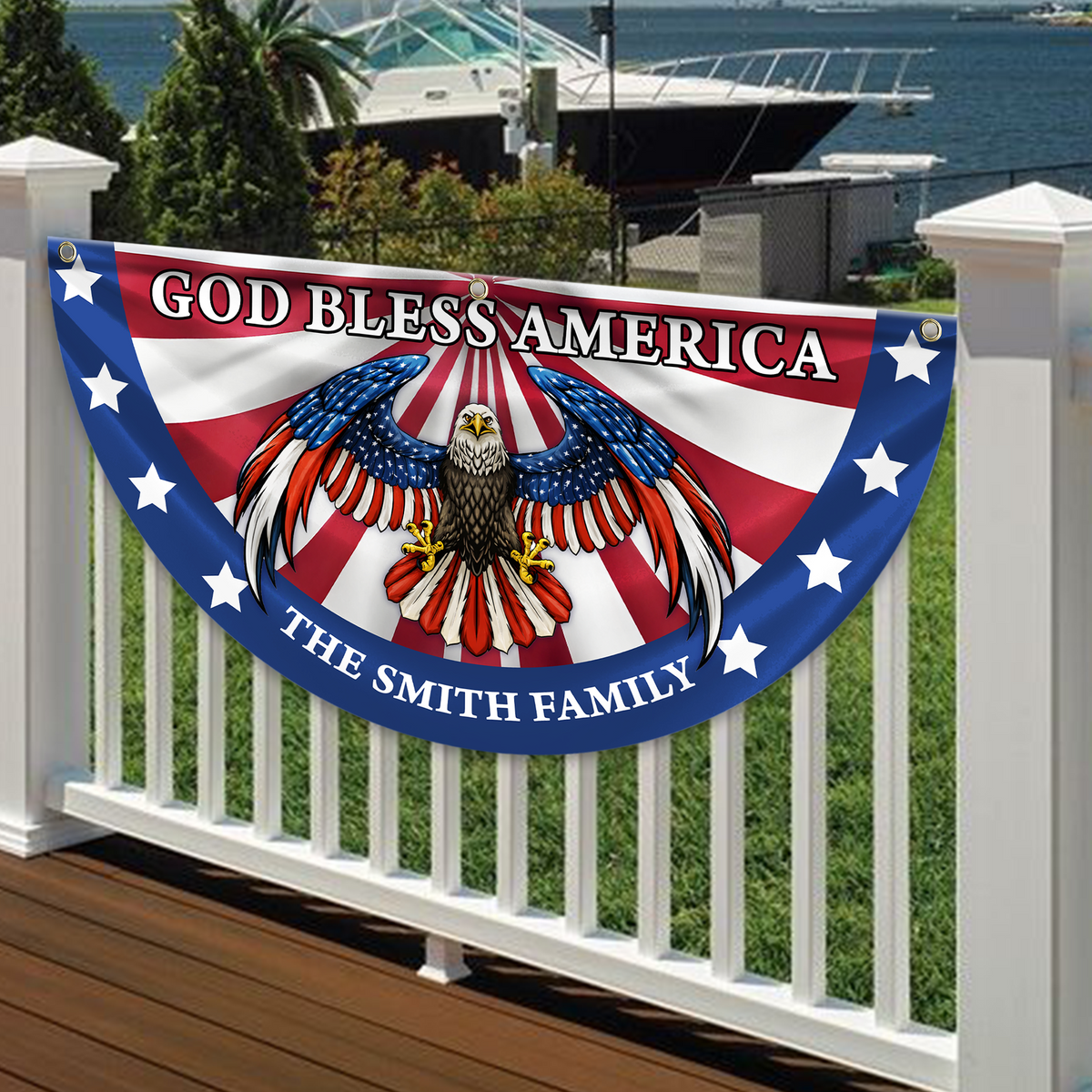 Custom Family Name God Bless America Patriotic Eagle Non-Pleated Fan Flag HA75 920132