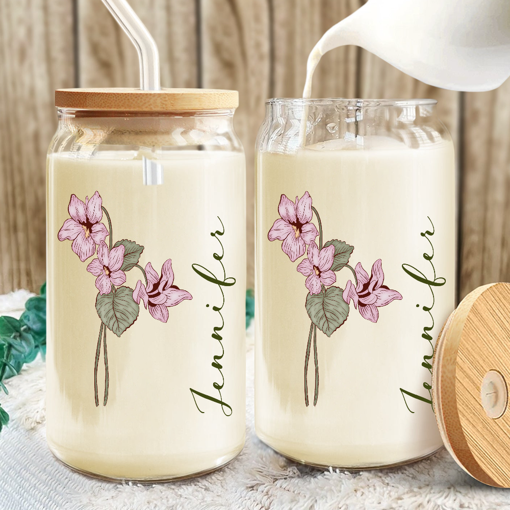 Custom Name With Floral Glass Can With Lid Personalized Gift HA75 892010