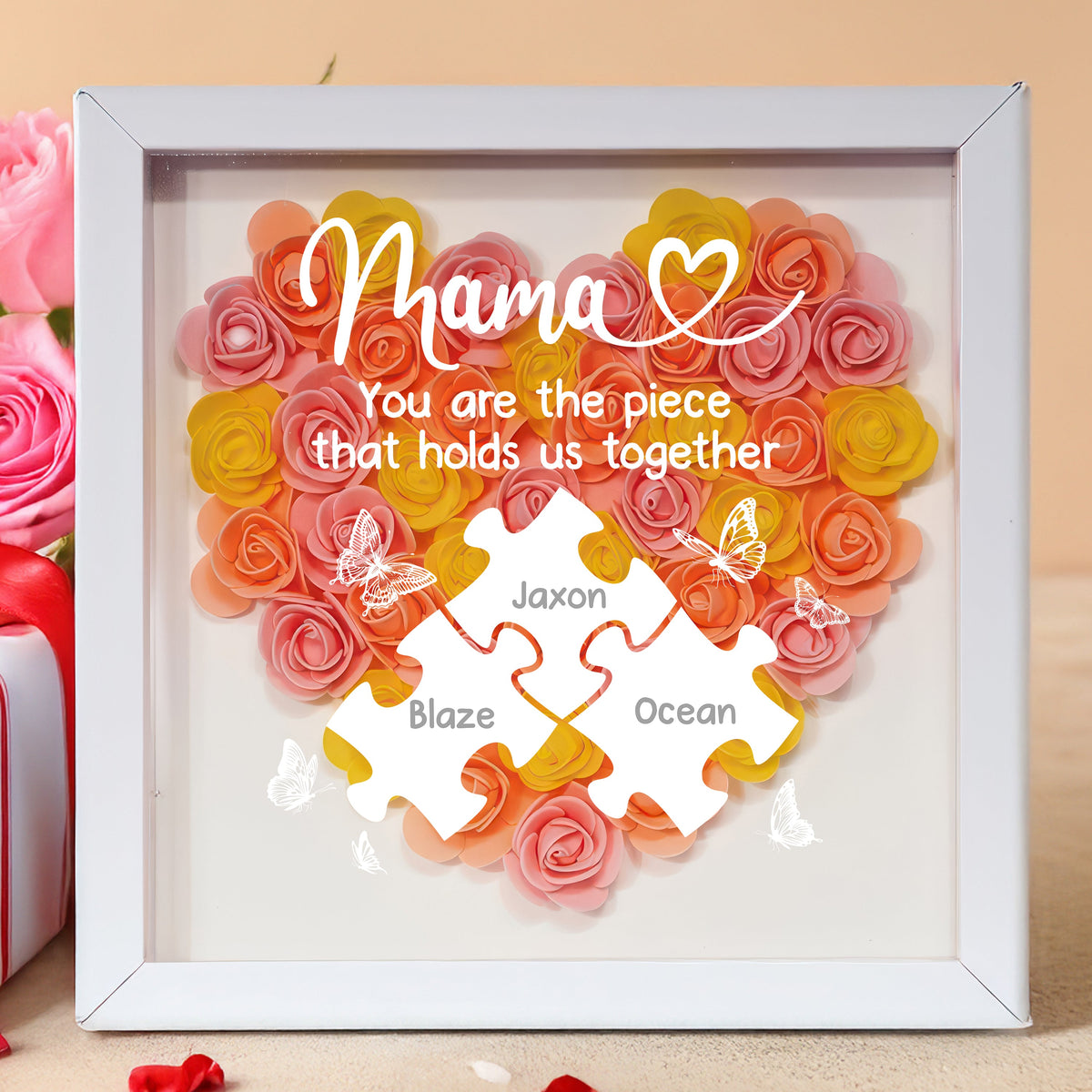 Custom Photo Puzzle With Kids Names Heart Flower Shadow Box HO82 893612