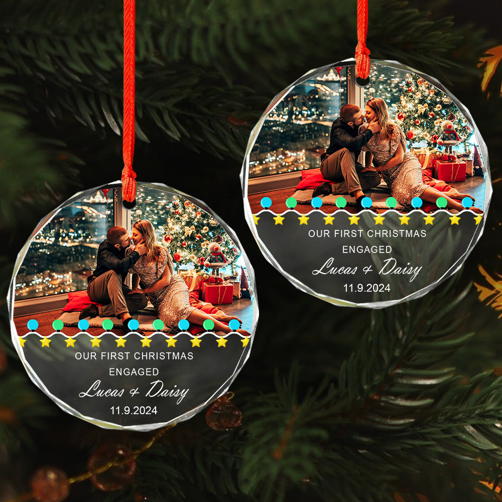 Custom Photo First Christmas Engaged Couple Glass Circle Ornament HO82 893088
