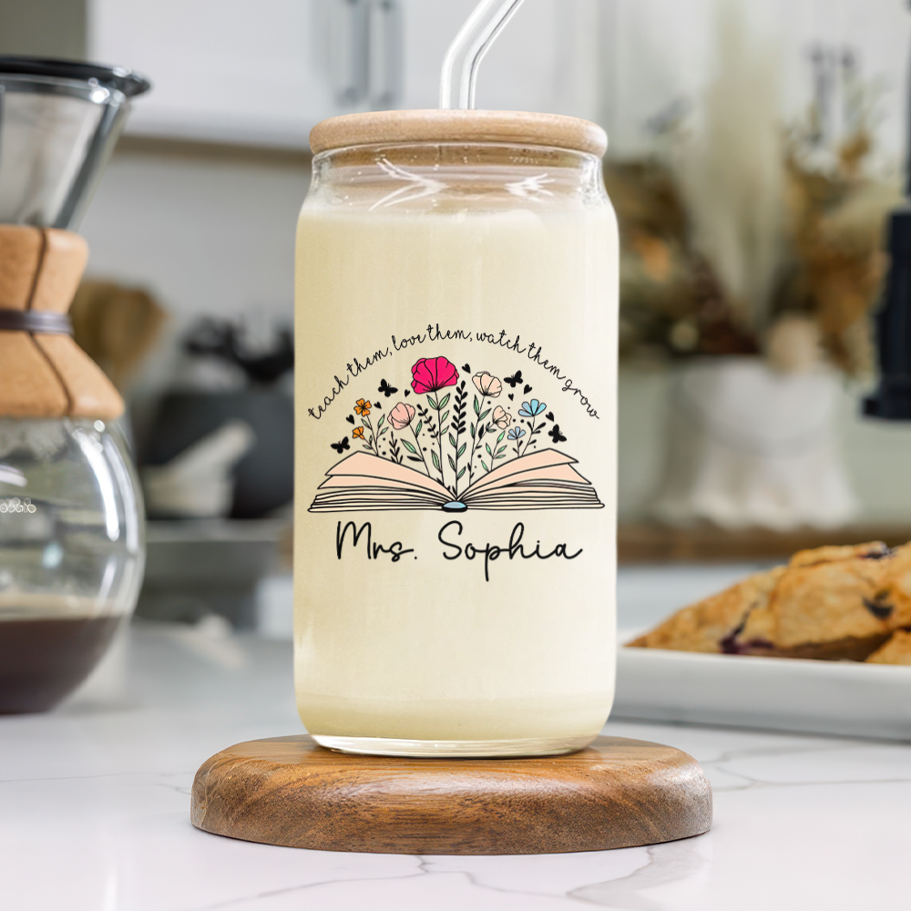 Personalized Gift For Teacher Appreciation With Flower and Book Glass Can With Lid LM32 893743