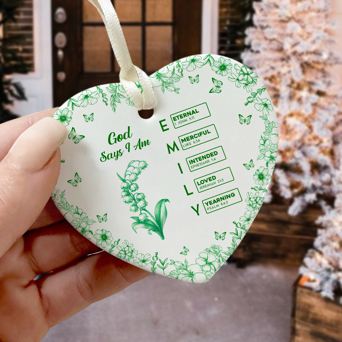 God Says I Am Name Letter In Bible Toile De Jouy Style - Personalized Heart Ceramic Ornament CH07 896966