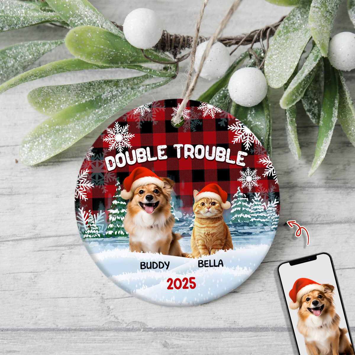 Custom Dog And Cat Photo Double Trouble Ceramic Ornament Gift For Dog Cat Lover HO82 894644