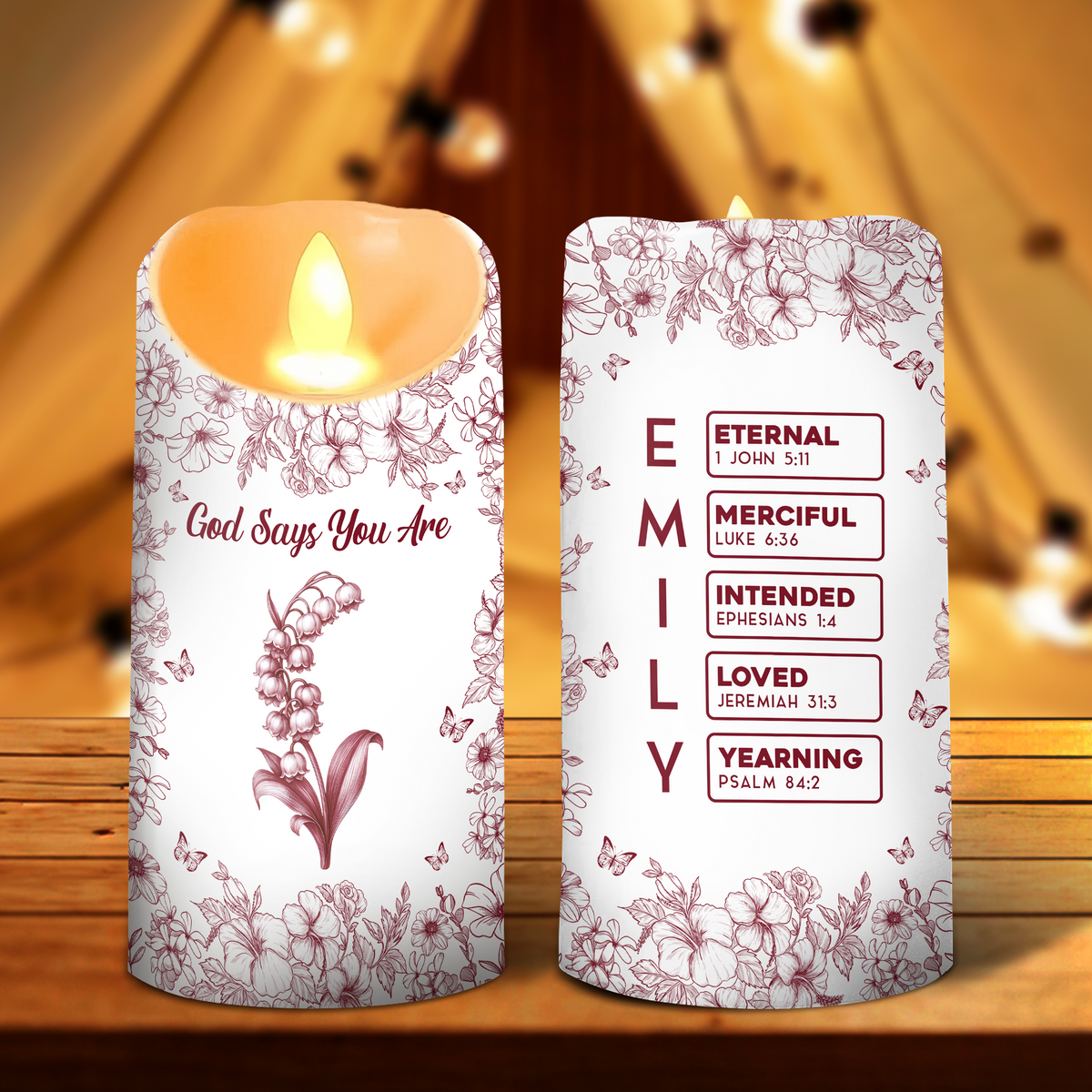 God Says I Am Name Letter In Bible Toile De Jouy Style - Personalized Led Candle CH07 896958