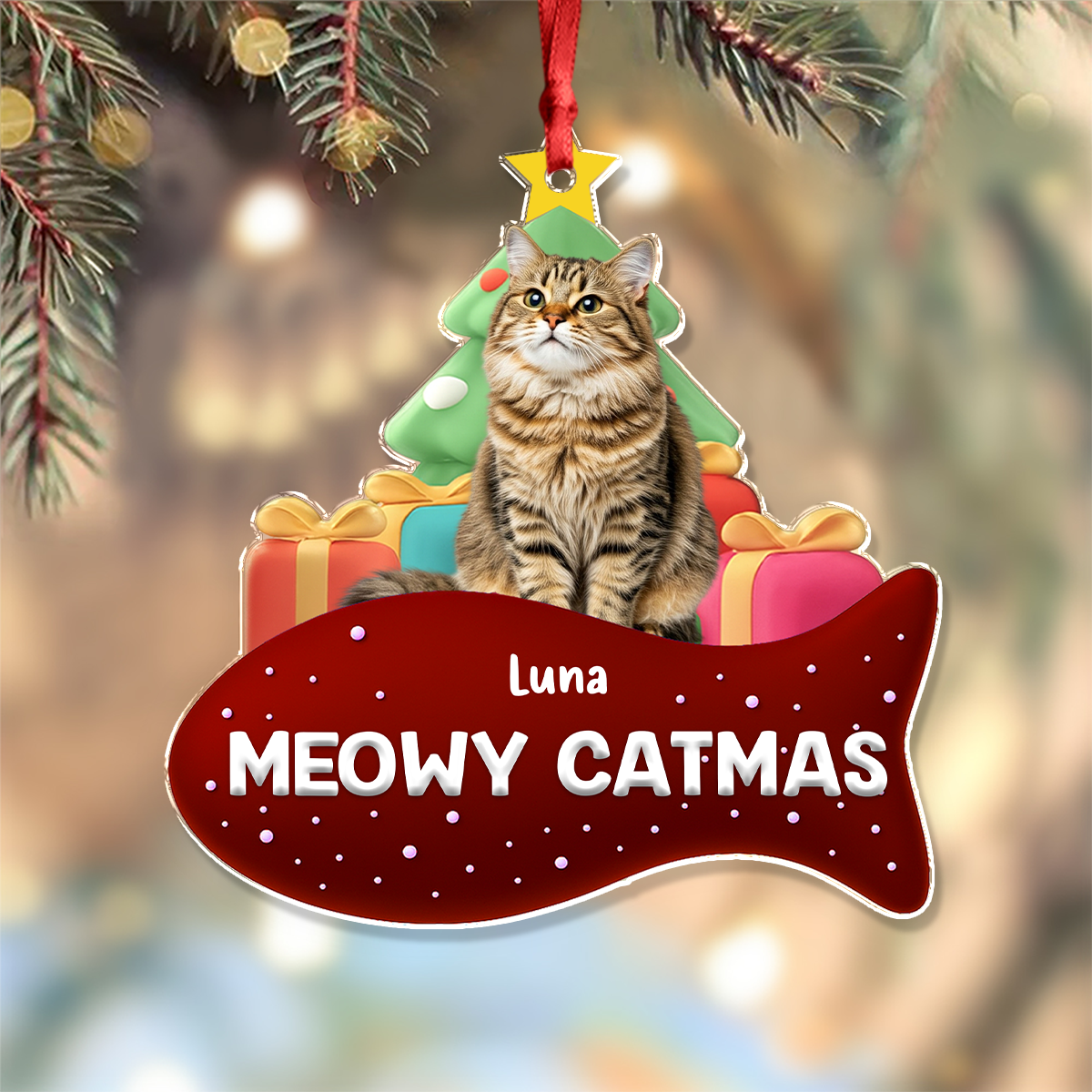 Custom Cat Photo Meowy Catmas 3D Effect Christmas Acrylic Ornament LM32 895919