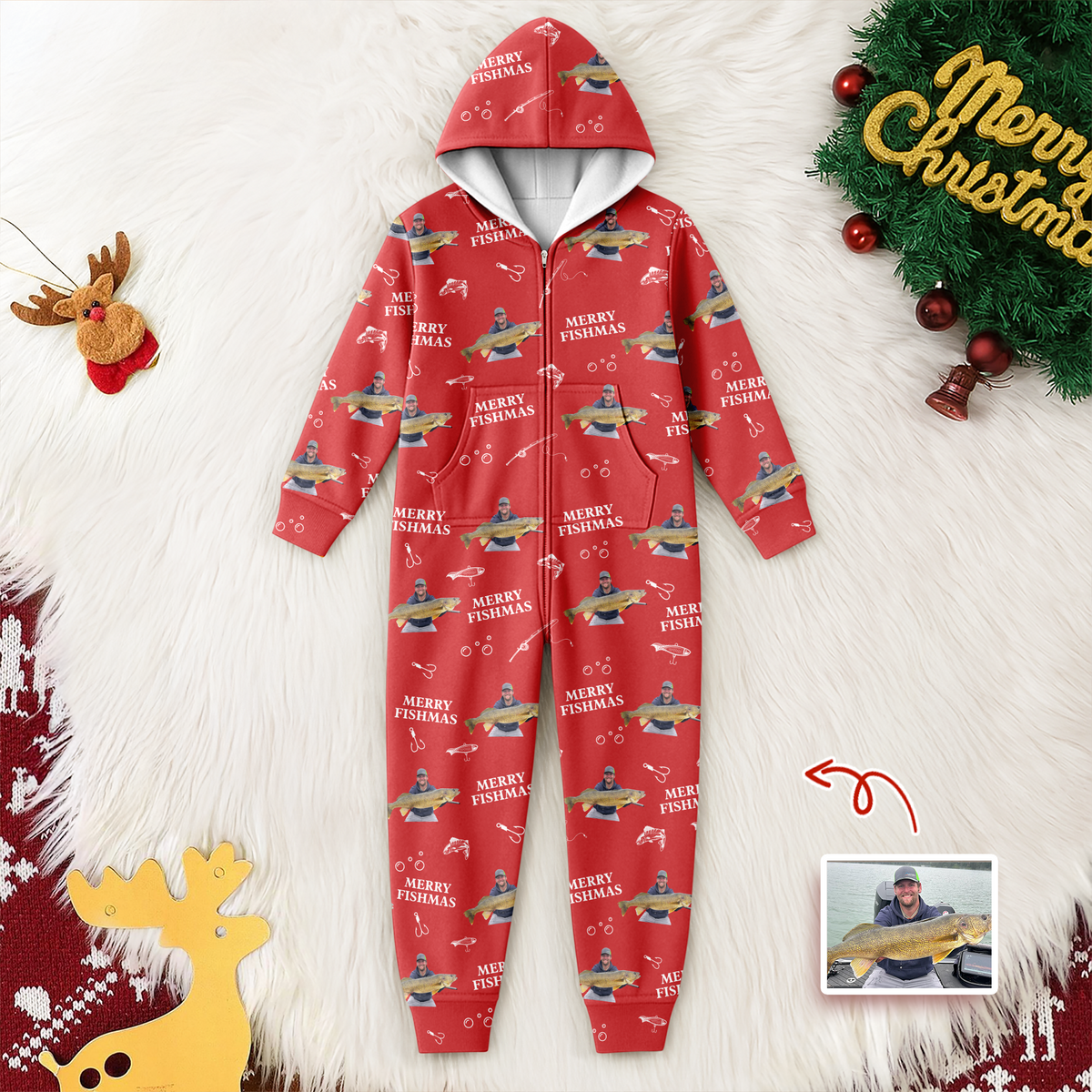 Custom Photo Merry Fishmas Onesie Pajamas Christmas Gift For Fishing Lovers, Fisherman HA75 898254