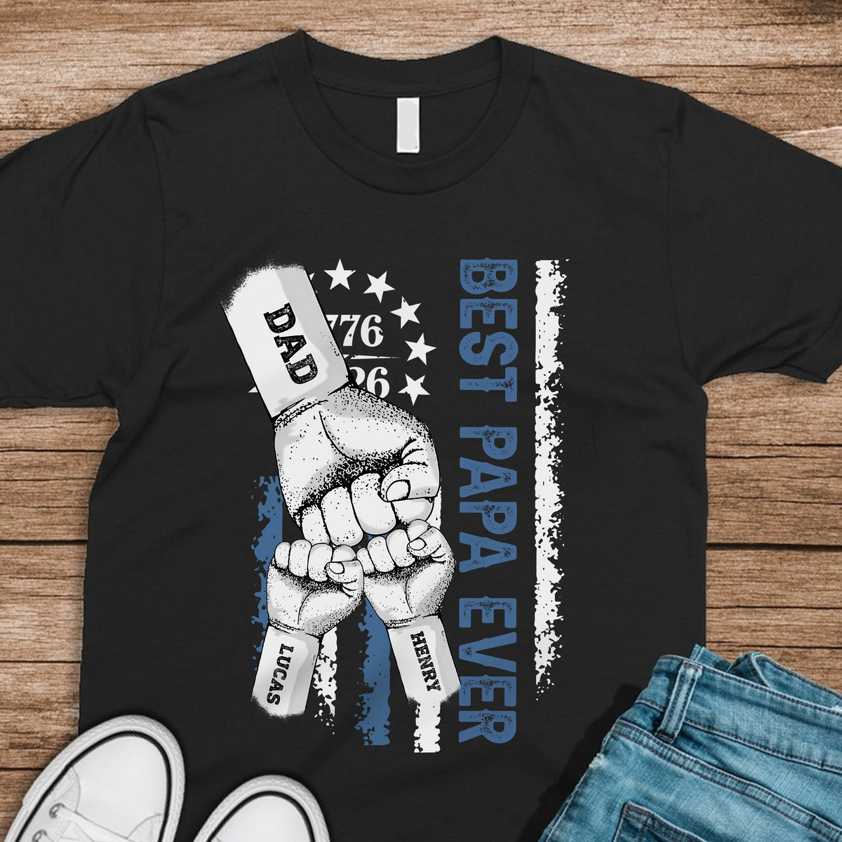 Custom Name Best Dad Ever Hand To Hand America Flag 1776-2026 Dark Shirt, Father’s Day Gift LM32 899611