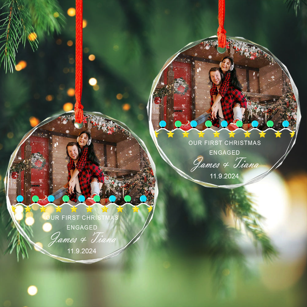 Custom Photo First Christmas Engaged Couple Glass Circle Ornament HO82 893088