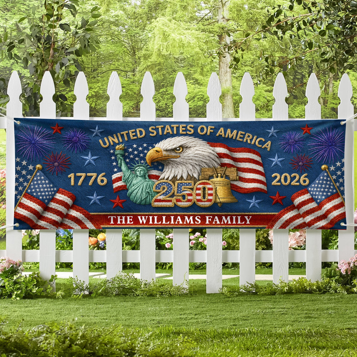Custom Family Name 250th Birthday America Eagle Embroidered Effect Patriotic Party Banner LM32 669281