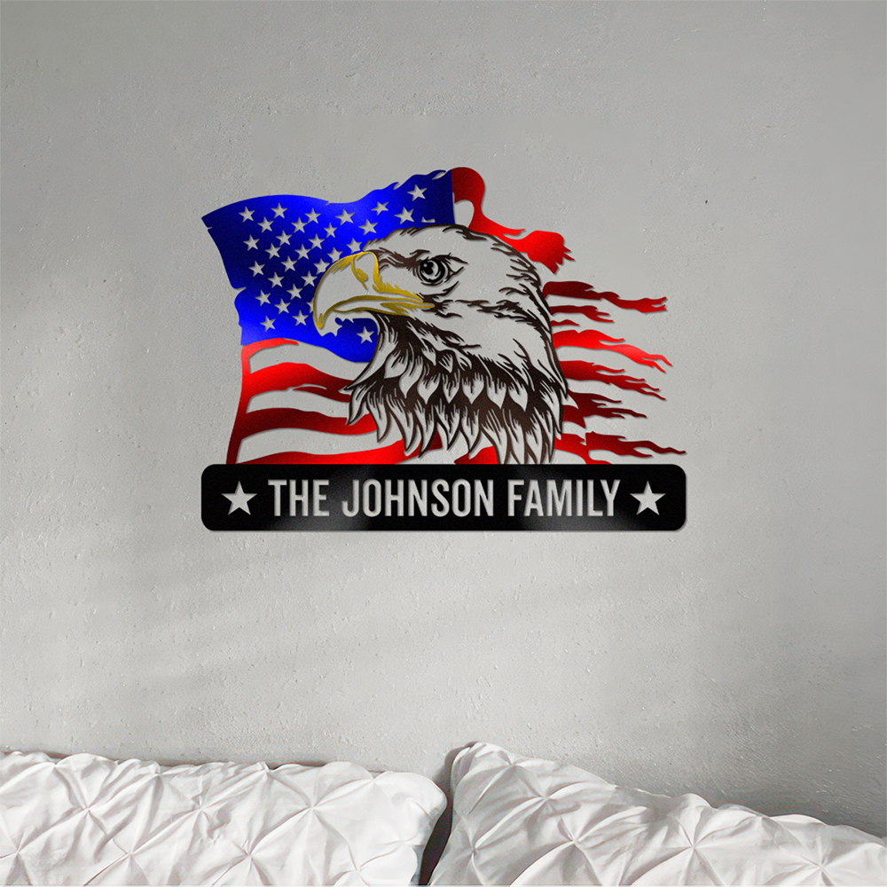 Custom Family Name Eagle & American Flag Monogram Metal Sign LM32 897901