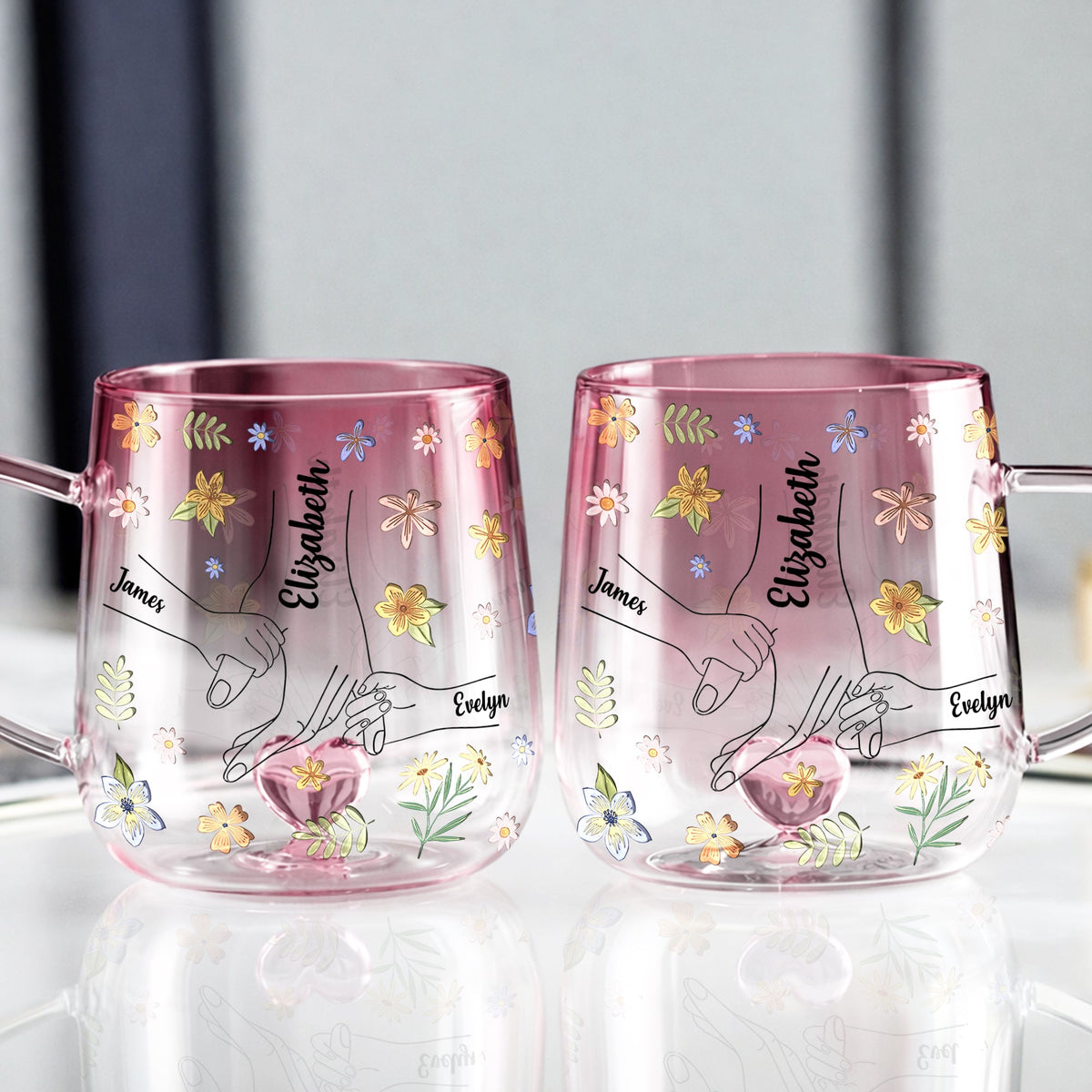 Personalized Hold My Hand Hold My Heart Family Pink Gradient Glass Mug - Gift For Grandma, Mom, Mother's Day HO82 901764