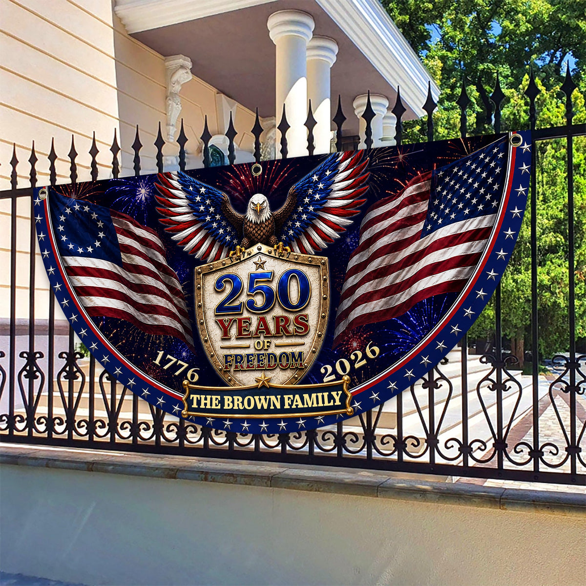 Custom Family Name 250th Birthday Party Patriotic Shield Eagle Non-Pleated Fan Flag CH07 911692