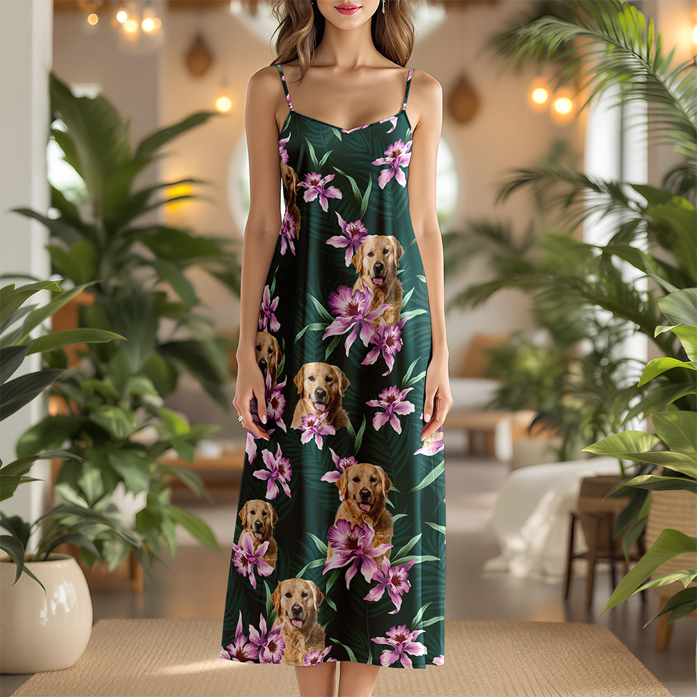 Custom Dog Photo With Lily Flowers Women's V-neck Cami Maxi Dress For Dog Lover TH10 892637