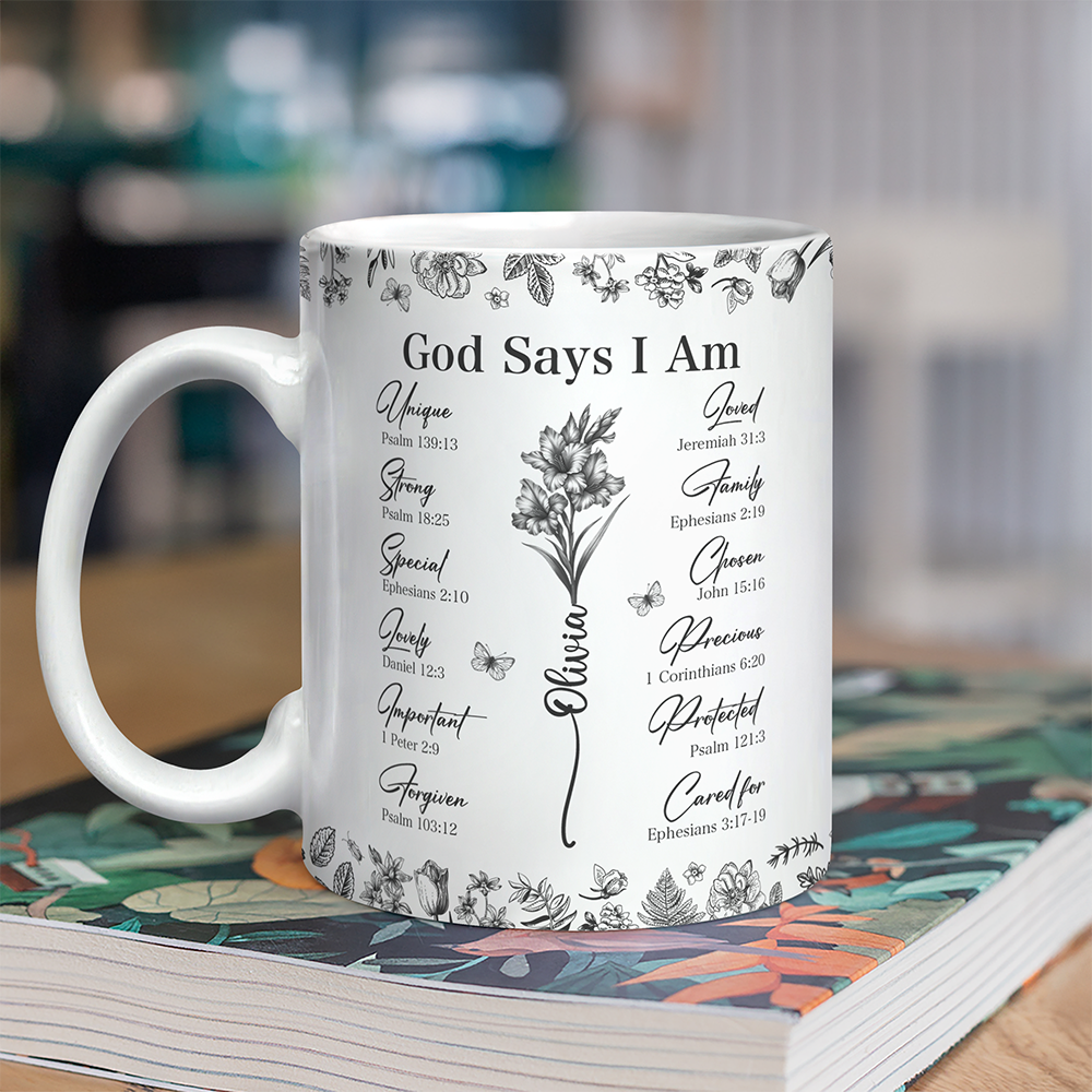 God Says You Are Christian Gift Toile De Jouy Birth Flower - Personalized Mug TH10 894797