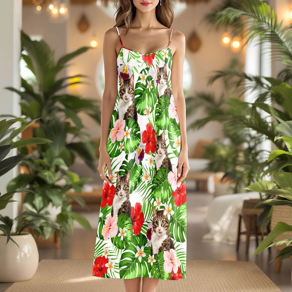 Custom Photo Cat Women's V-Neck Cami Maxi Dress HO82 893618