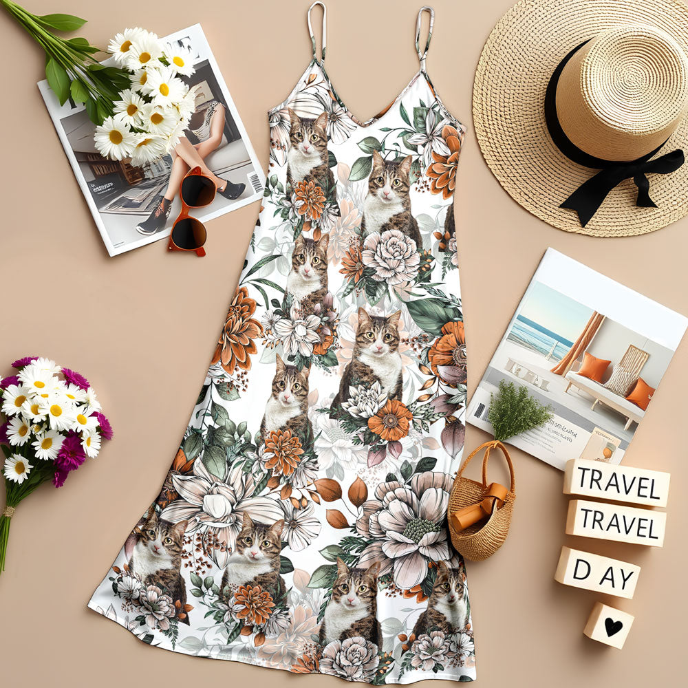 Custom Cat Photo Floral Style Women's V-Neck Cami Maxi Dress HO82 893600