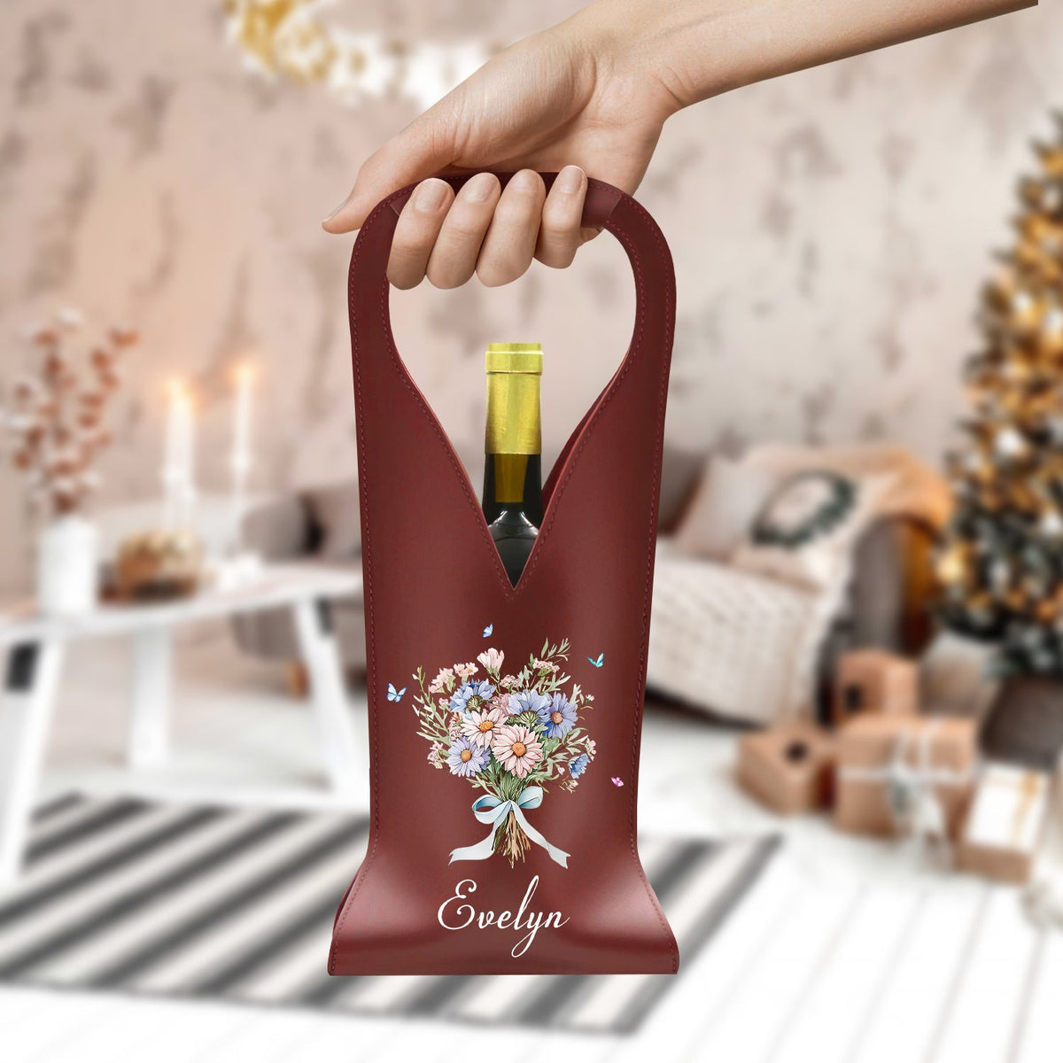 Custom Name Birthmonth Flower - Personalized Leather Wine Bag HA75 892914