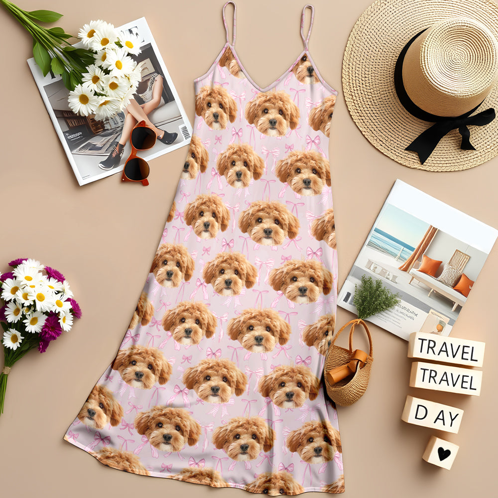 Custom Cute Dog Photo Coquette Pink Bows Hawaii Maxi Dress LM32 893399