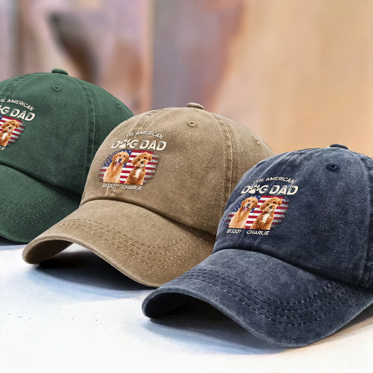 Custom Photo The American Dog Dad Dog Mom Washed Denim Baseball Cap TH10 894115