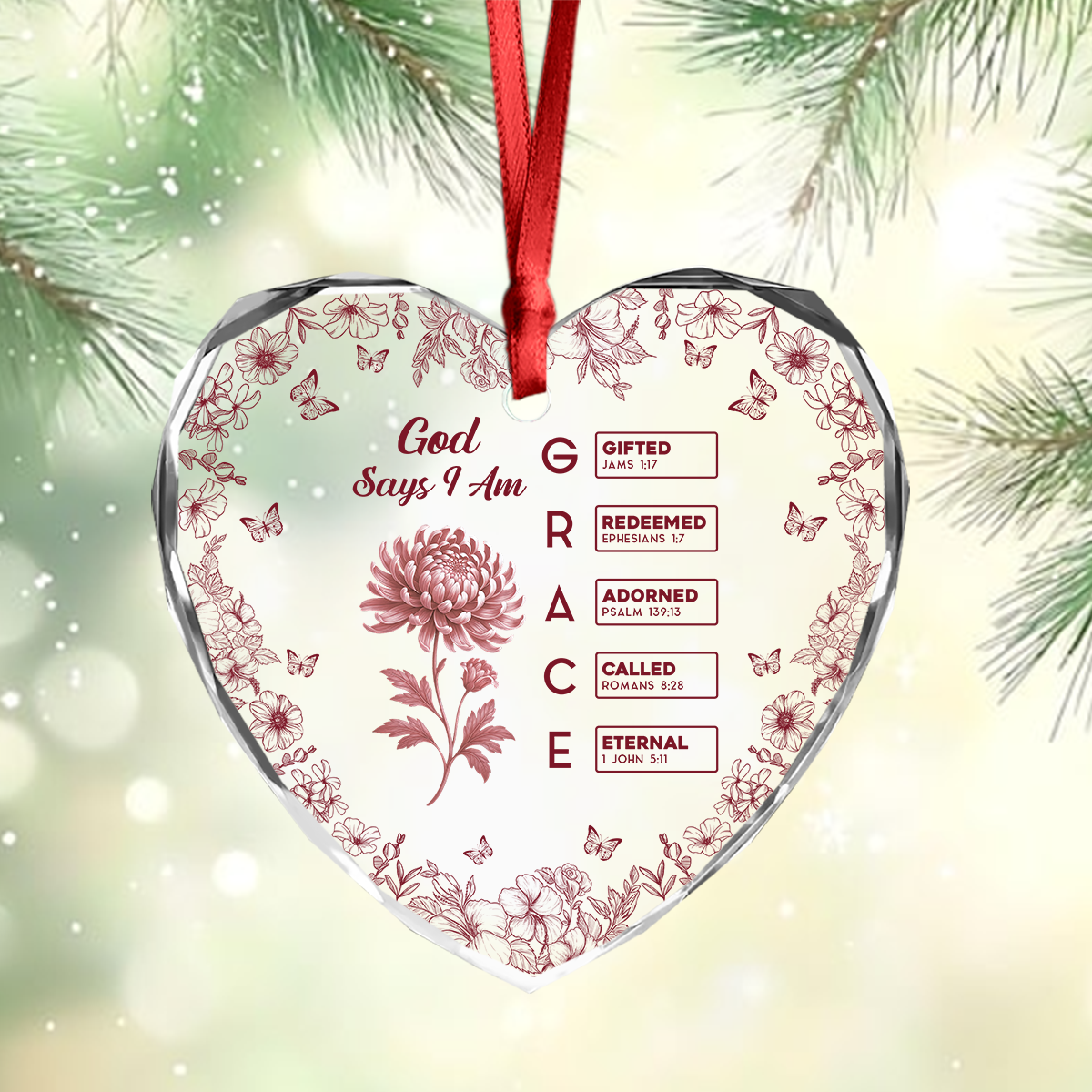 God Says I Am Name Letter In Bible Toile De Jouy Style - Personalized Heart Glass Ornament CH07 896964