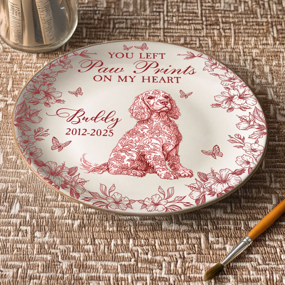 Custom Dog Breeds You Left Paw Prints On My Heart Chinoiserie Toile De Jouy Style Personalized Memorial Ceramic Plate HA75 892652