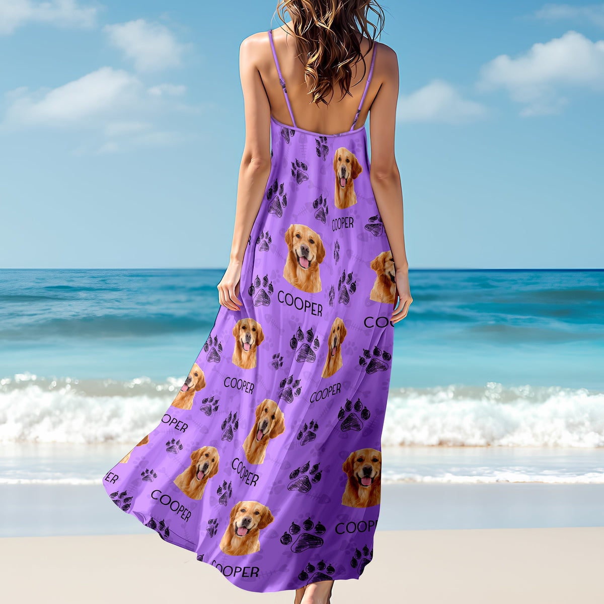 Custom Cute Pet Photo Paw Women's V-neck Cami Maxi Dress LM32 893315