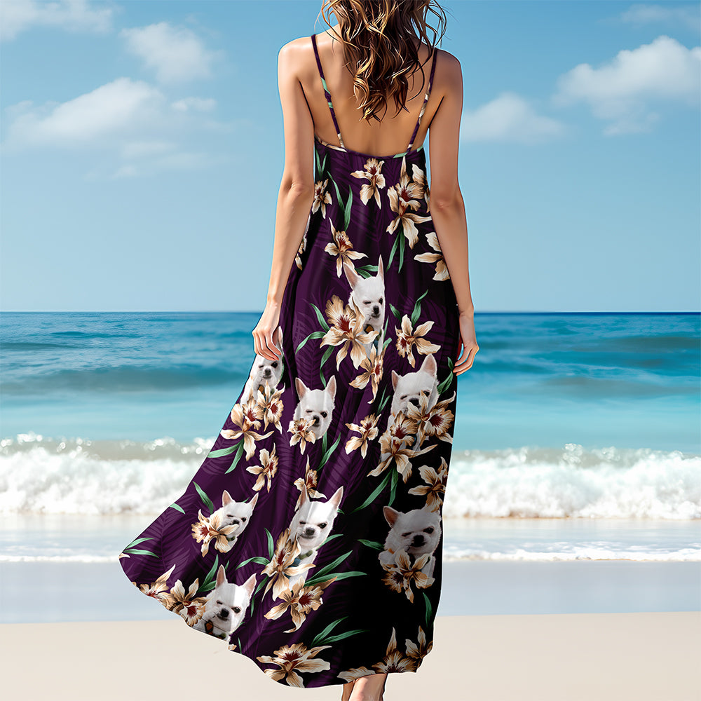Custom Dog Photo With Lily Flowers Women's V-neck Cami Maxi Dress For Dog Lover TH10 892637