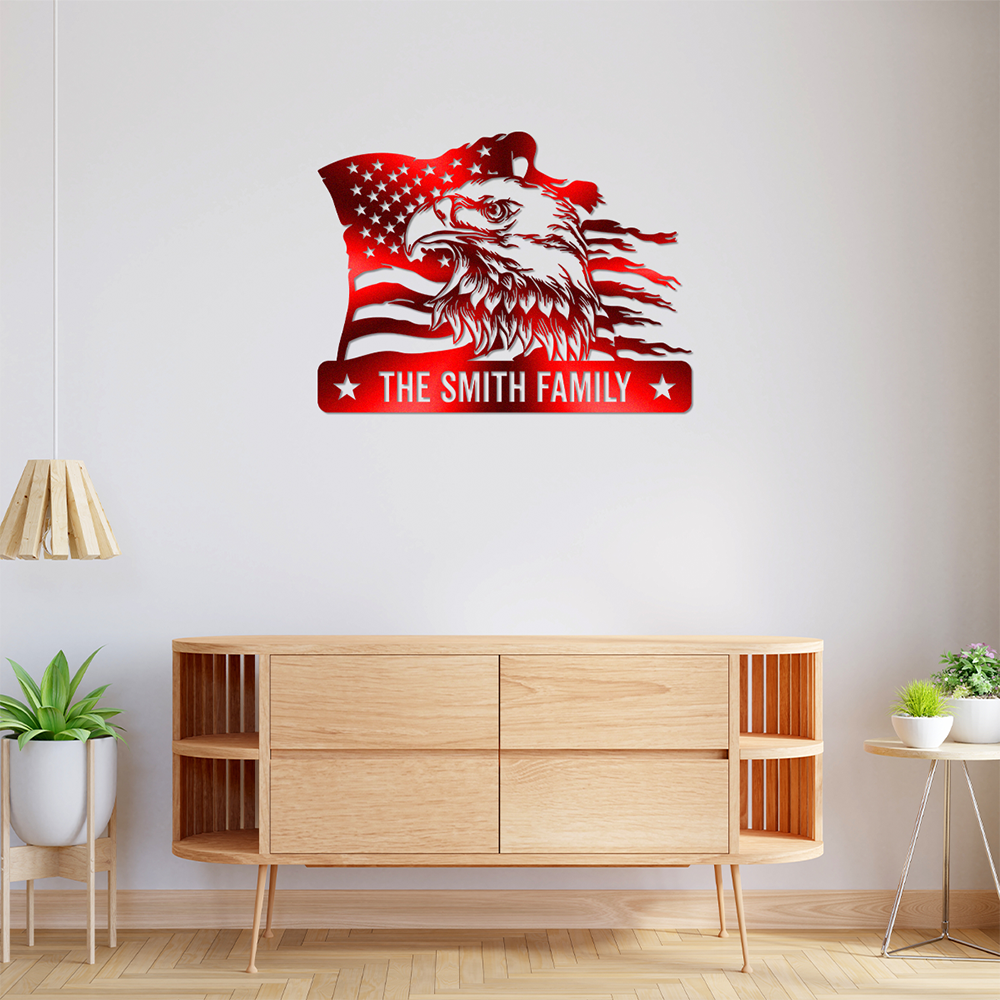Custom Family Name Eagle & American Flag Monogram Metal Sign LM32 897901