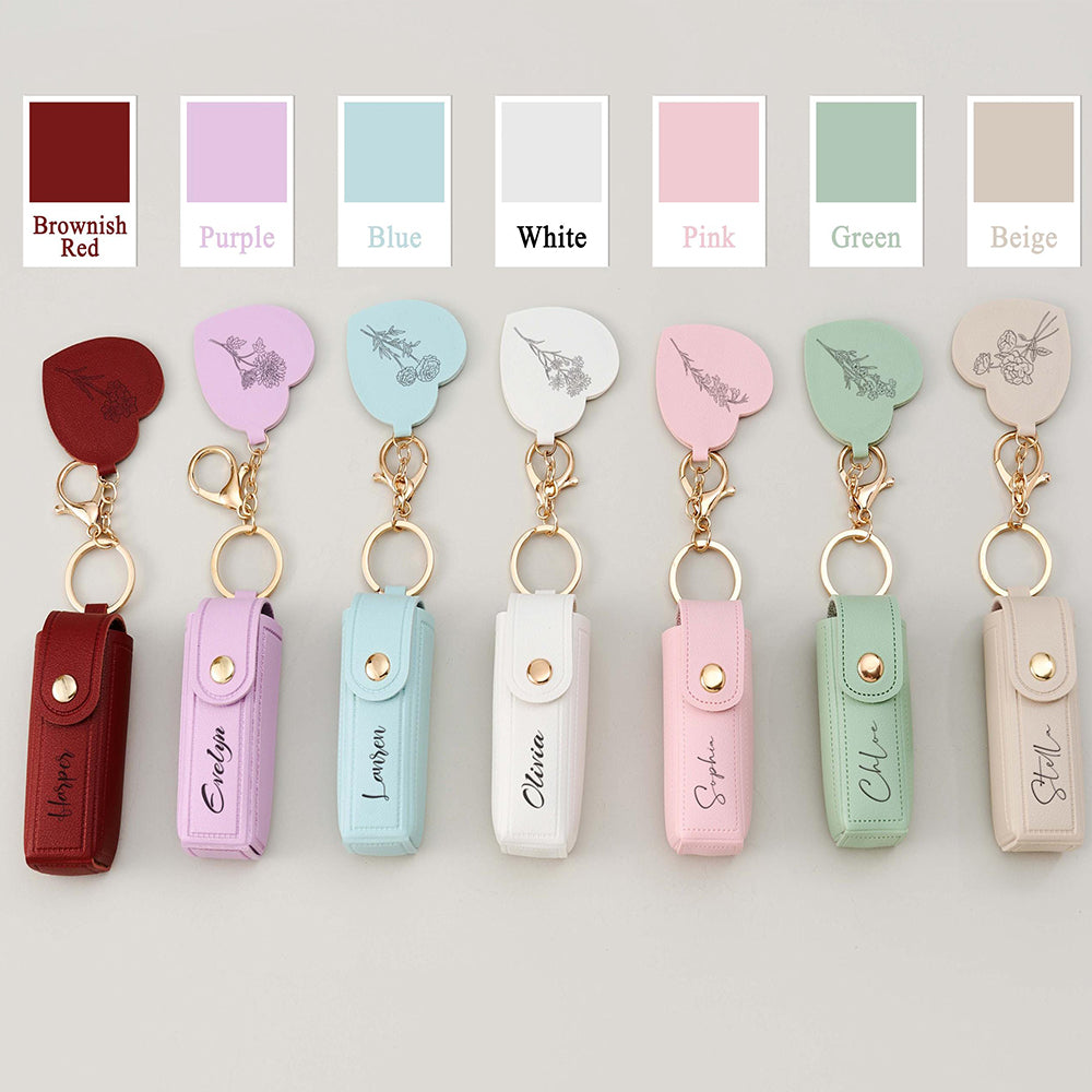 Custom Name Engraved Birth Flower Lipstick Keychain Case With Mirror - Valentine Gift, Birthday Gift for Her LM32 897659
