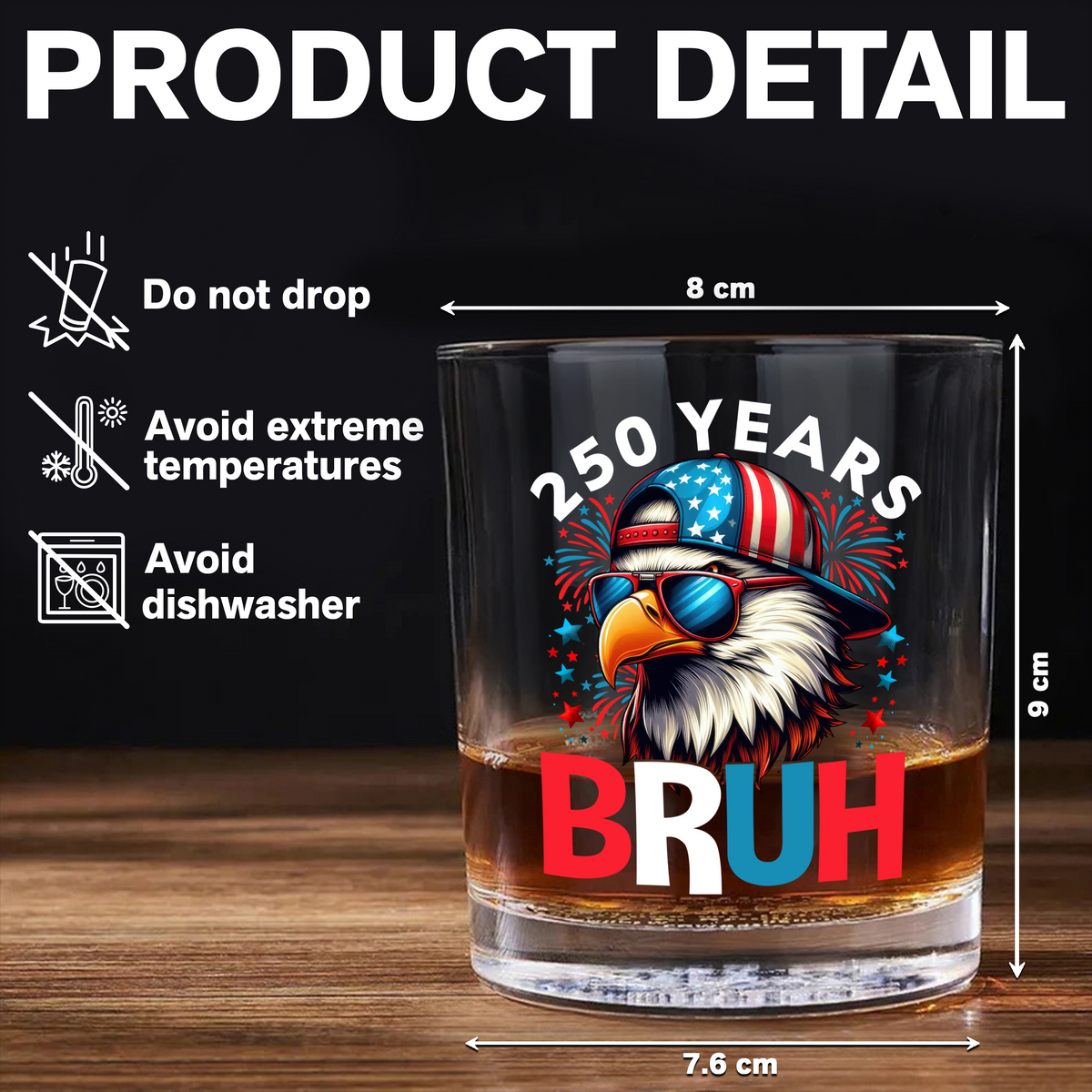 250 Years USA Bruh 250th Birthday 1776-2026 Eagle Flag Whiskey Glass HA75 897328