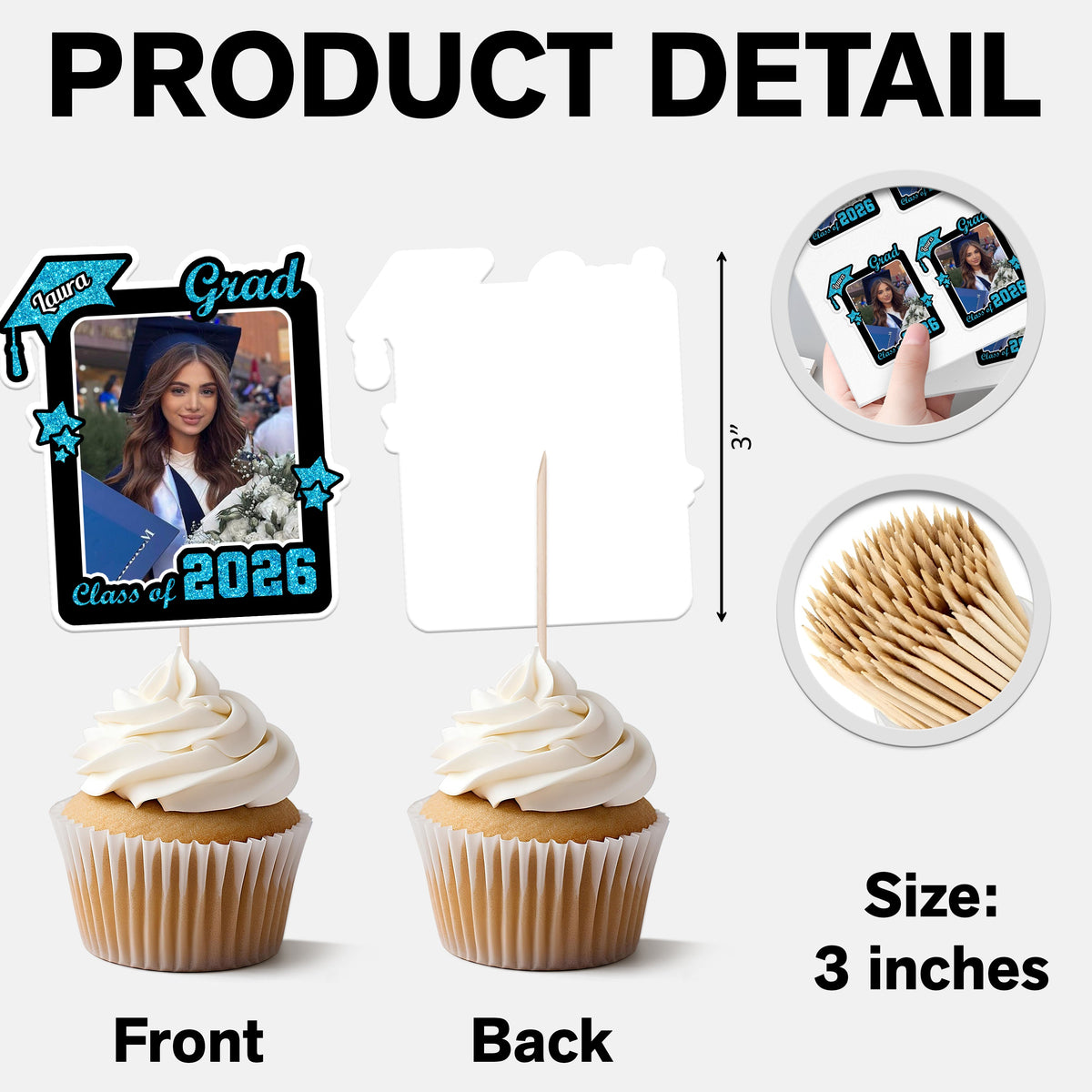 Custom Photo Class of 2026 Glitter Graduation Cupcake Toppers, Personalized Party Decorations CH07 895598