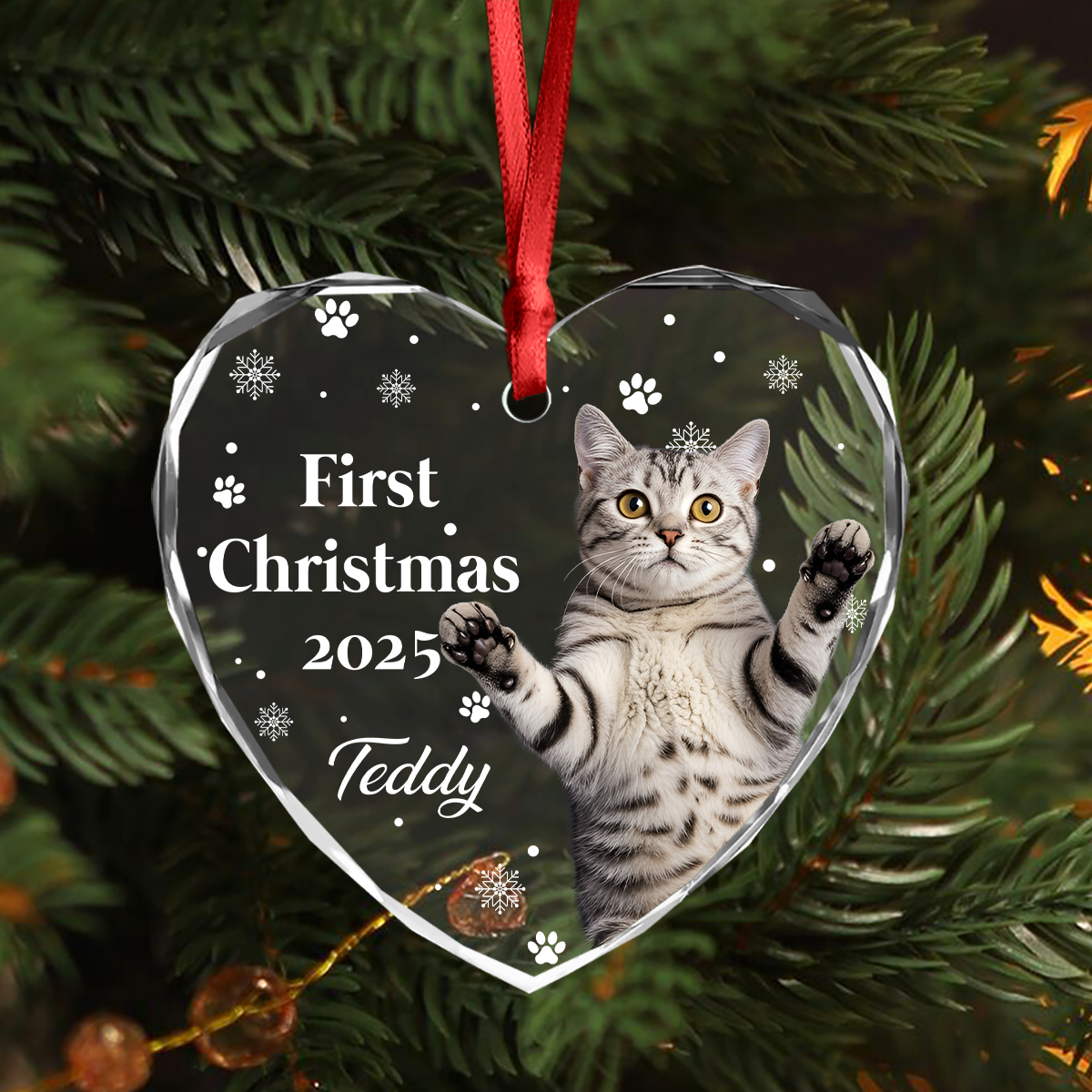 First Christmas With Cute Puppy And Snowflakes Custom Cat Photo Heart Glass Ornament CH07 896780