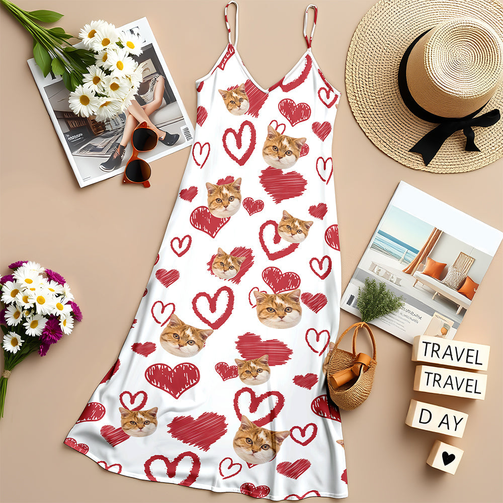 Custom Photo Love Heart Cat Women's V-Neck Cami Maxi Dress HO82 893738