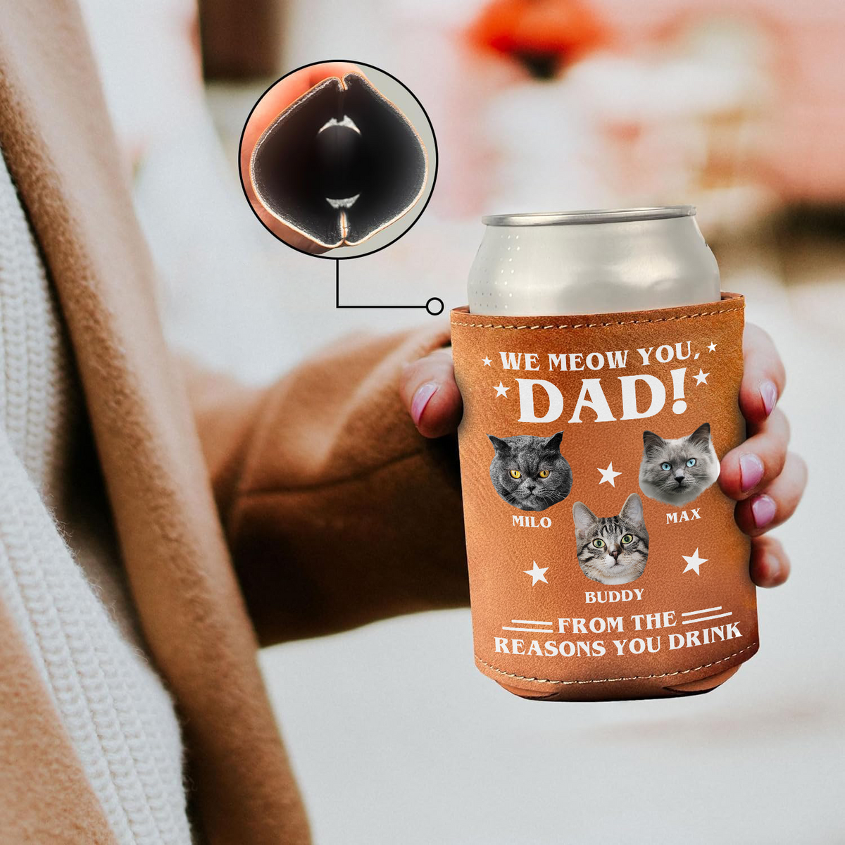 Custom Photo We Meow You Leather Can Cooler Holder Gift For Cat Dad HO82 894098