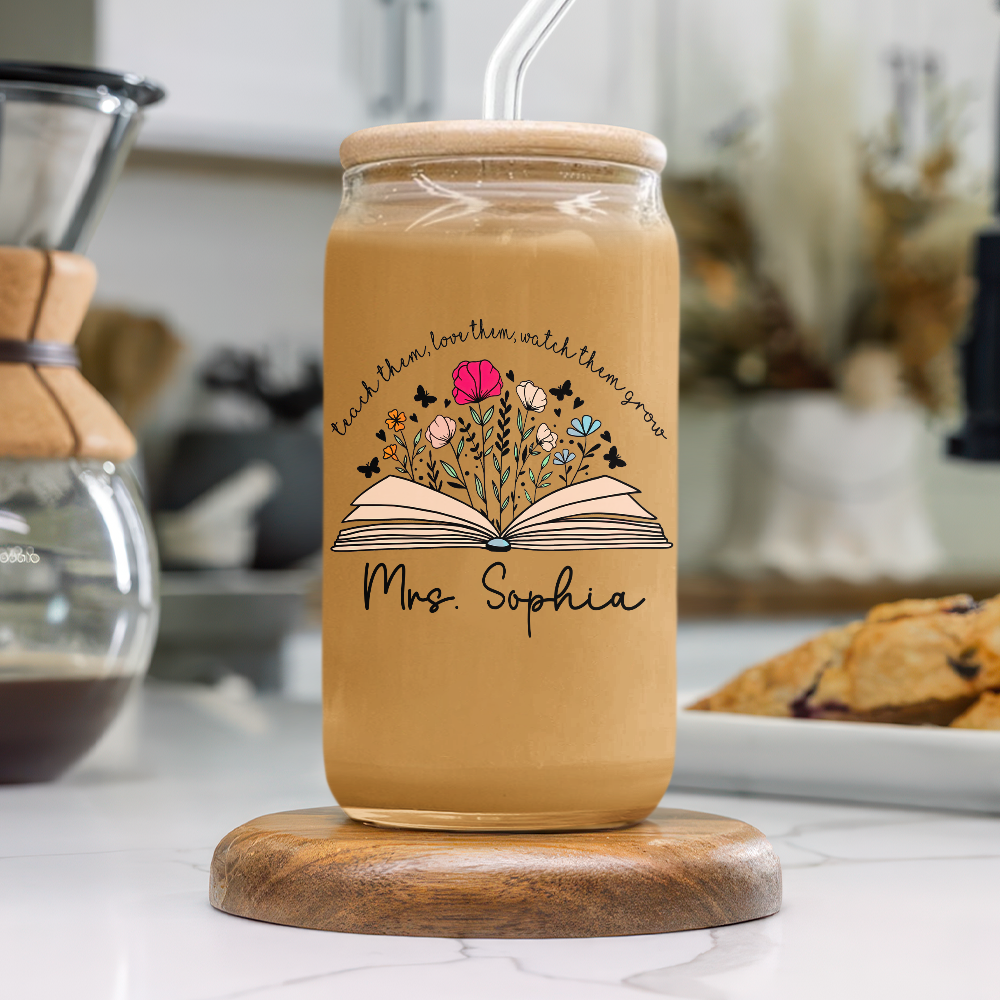 Personalized Gift For Teacher Appreciation With Flower and Book Glass Can With Lid LM32 893743