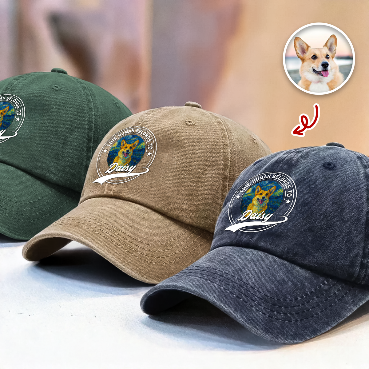 Custom Photo This Human Belongs To Dog Van Gogh Style Washed Denim Baseball Cap HA75 897214