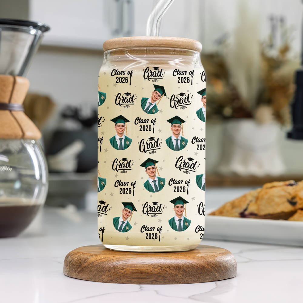 Custom Photo Class Of 2026 Graduation Glass Can With Lid HO82 901490