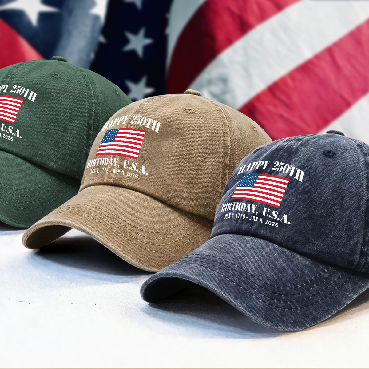 Happy 250th Birthday USA Patriotic 4th Of July Washed Denim Baseball Cap HO82 900372
